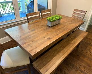 H1 - $575 - Kitchen Table measures 39" wide x 78" long x 30.5" tall.  4 chairs & Bench that measures 13" wide x 76" long x 18" tall. 