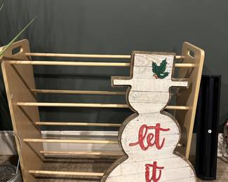 H96 - $15 Let it Snow wooden snowman. $8 blanket rack. 