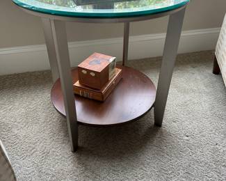 H63 - Ethan Allen round side table measures 25.5" wide x 23.5" tall. 