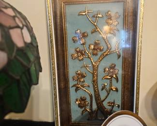 Yoland Spring  art wall hanging dog wood flower brass gold 1960s 3D