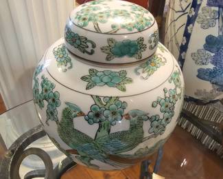 Vintage Porcelain Green-Grey OMC Japan Lidded Ginger Jar Pheasant Bird Floral