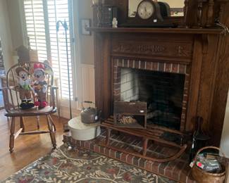 Vintage Windsor armchair, antique sled, Sessions mantel clock