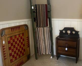 Vintage Carrom board, vintage ladder with rag rugs, antique doll dresser