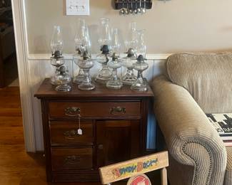 Miniature souvenir spoon collection, vintage oil lamps, washstand, Child’s Howdy Doody rocker