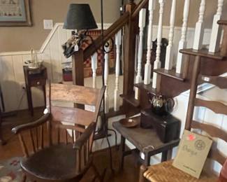 Vintage iron floor lamp, antique rocker