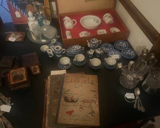 Child’s china wash set, child’s Blue Willow tea set, children’s antique books, antique photos, perfume bottles