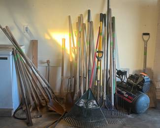 Miscellaneous garden tools, air compressor