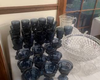 Fostoria Virginia Blue crystal stems, crystal punch bowl, Miss America pitcher