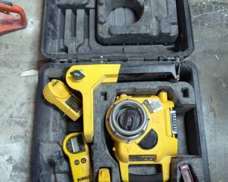 DeWalt Laser Assortment Including Rotary Laser, Model # DW077, With Stand, Digital Laser Detector, Model # DW0732, Laser Detector, Model # DW0772, Laser Remote, Model # DW0774, In Hard Carrying Case, All Power On
