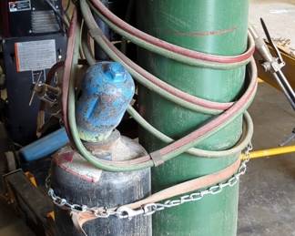Oxygen And Acetylene Tanks With Tank Dolly, Welding Helmet, Hoses And More