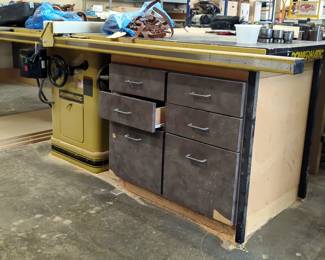 Powermatic Table Saw, Model 66-TA Saw, Powermatic ACCU-Fence Precision T-Style Fence, And Hand Crafted Wood Work Bench Extension With Drawers, 34" x 74" x 32.5"