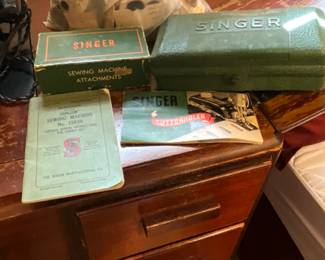Vintage Singer Sewing Machine Attachments & button-holer with original books