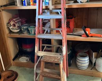 Garage metal tall ladder & small wooden step stool