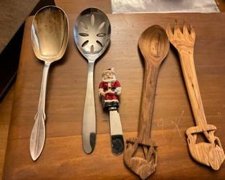 Serving Spoons, Santa cheese spreader, wooden spoon & fork