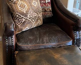 Embossed and Leather Chair w Nailhead, Ottoman (as is) 
