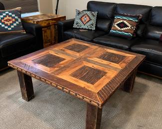 Loveseat only, Rustic Coffee Table, Floor Lamp, Western Accent Pillows End Table/Storage Chest (2)