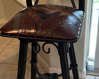 Coronado Iron Bar Stool with Swivel Back, Natural Hide on Knotted Wrought Iron Base pair 
