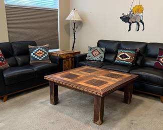 Loveseat only, Rustic Coffee Table Floor Lamp, Western Accent Pillows End Table/Storage Chest (2)