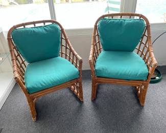 180 Set of 2 rattan chairs with teal cushions 25x22x18 (seat) 36 (back)