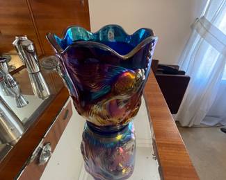 $90 FENTON Koi Fish ATLANTIS Vase Multi-Colored
 Carnival Iridescent Glass 5x6
