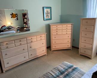$710 6 piece bedroom set -1 dresser, 2 chest of drawers, 1 tall chest, 2 nightstands  OR                         
$195 Dresser 62x19x35                                                            
$125 Tall chest 20x17x54
$150 EACH Chest of drawers 34x19x46     
$90 Nightstands 21x17x27
