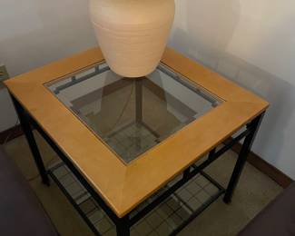 $250 Coffee table 49x27x18 and 2 side tables 24x26x23 wood, glass and iron
