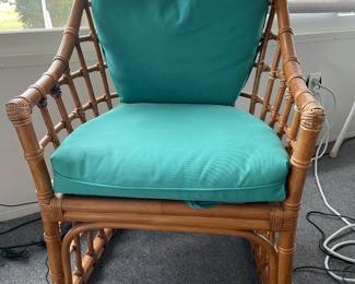 180 Set of 2 rattan chairs with teal cushions 25x22x18 (seat) 36 (back)