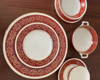 $150 Set of Homer Laughlin Eggshell Georgian service for 12, missing some pieces Red/White/Gold 