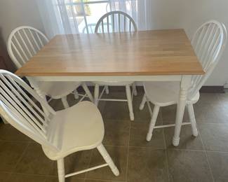 $150 White and natural wood table with 4 chairs
Table 49x30x30 chairs 18x18 (seat) 36 (back)
