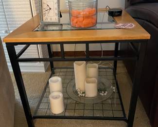 $250 Coffee table 49x27x18 and 2 side tables 24x26x23 wood, glass and iron