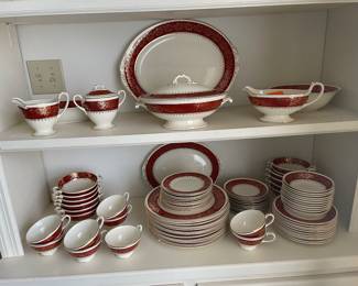 $150 Set of Homer Laughlin Eggshell Georgian service for 12, missing some pieces Red/White/Gold 