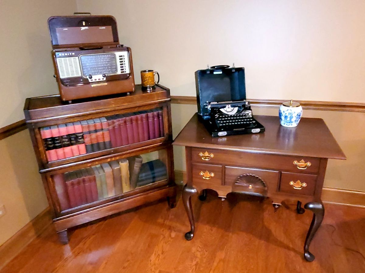 Antique barrister bookcase. (4 piece - top, 2 cases, and base). Georgian lowboy chest.