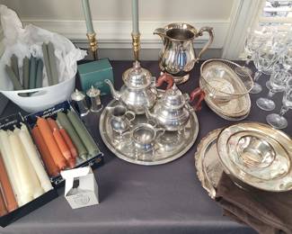 Silver plate serving pieces. Thanksgiving candles