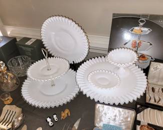 Vintage Fenton Silver Crest Milk Glass Pedestal Ribbon Edge Cake Plate, 2-tier party tray and platter