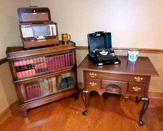 Antique barrister bookcase. (4 piece - top, 2 cases, and base). Georgian lowboy chest. 