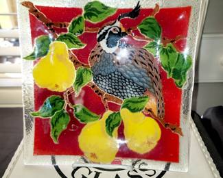 Retired Peggy Karr Fused Glass platter - Partridge in a pear tree