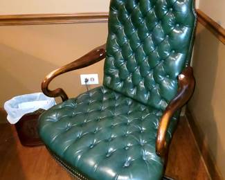 Green tufted leather office swivel chair with nailheads