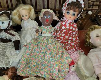 Vintage dolls - topsy turvy (2nd from left - Horsman doll, center - Little Red Ridinghood and Grandma wolf)