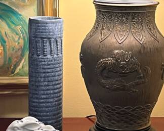 Large vintage Peter’s Pottery vase.  Antique gilt bronze, very fine, carved lamp!