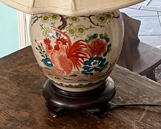 Antique rooster ginger jar converted to lamp