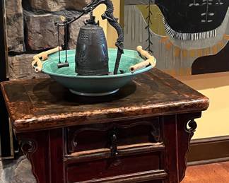 Antique elm wood tea table, Raku bowl and fabulous bronze bell