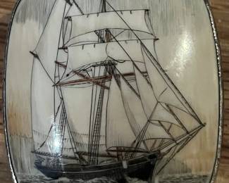 Very fine antique scrimshaw sterling silver belt buckle 