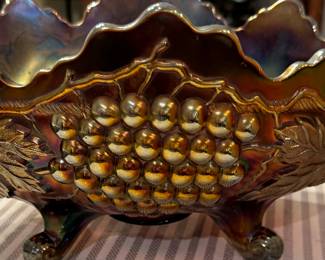 Antique Northwood GRAPE & CABLE Carnival Glass 3 Footed Fruit Bowl