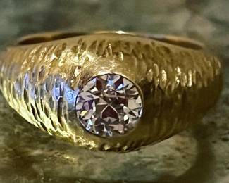 Antique 1920s heavy 18K gold gypsy ring with a stunning European cut, bright, white diamond…size 7