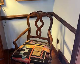 French 19th C carved walnut chair with great fabric!