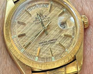 Rolex Day-Date 36 1969 Day-Date 1807 Champagne Tapestry/Bark/Linen Dial President…aftermarket custom matching band in 18K…runs like a charm!