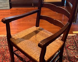 Pair of antique walnut French ladder back Chairs with rush seating