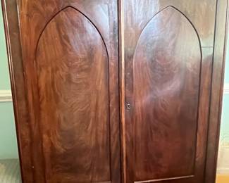 Antique American Empire Flame Mahogany Gothic Style Double Door Armoire In a perfect size!