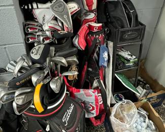 Golf clubs and golf bags, golf balls, and tees