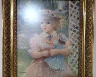 Jeff Huldah print of girl with doll framed art